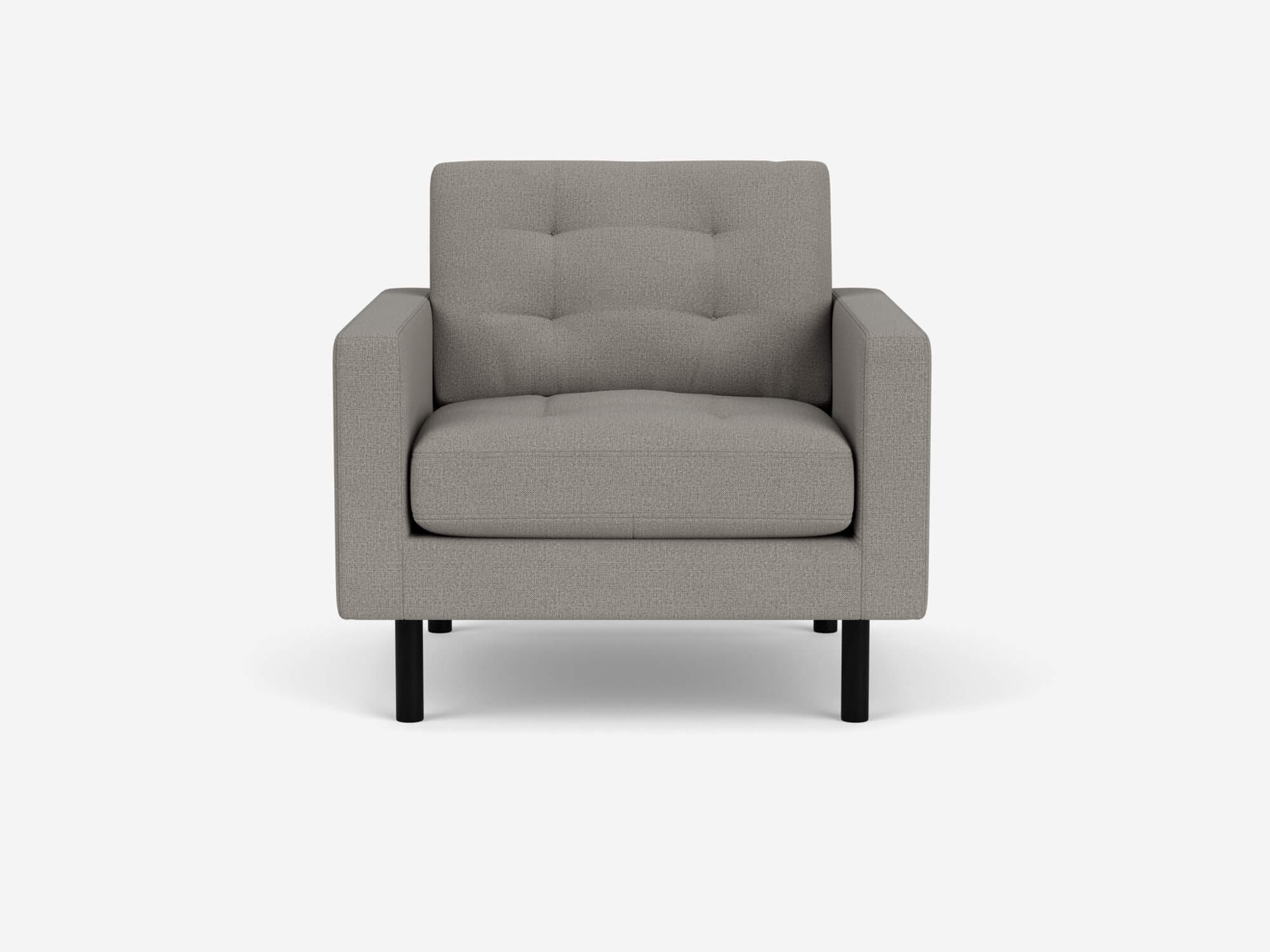 Front view of grey tufted armchair